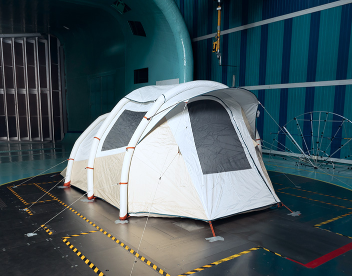 Photo of a tent in a wind tunnel