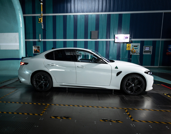 Side view of Alfa Romeo Giulia in full scale aerodynamic wind tunnel
