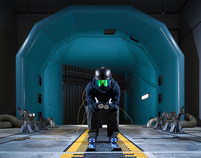 Frontal Photo of skier in cold wind tunnel