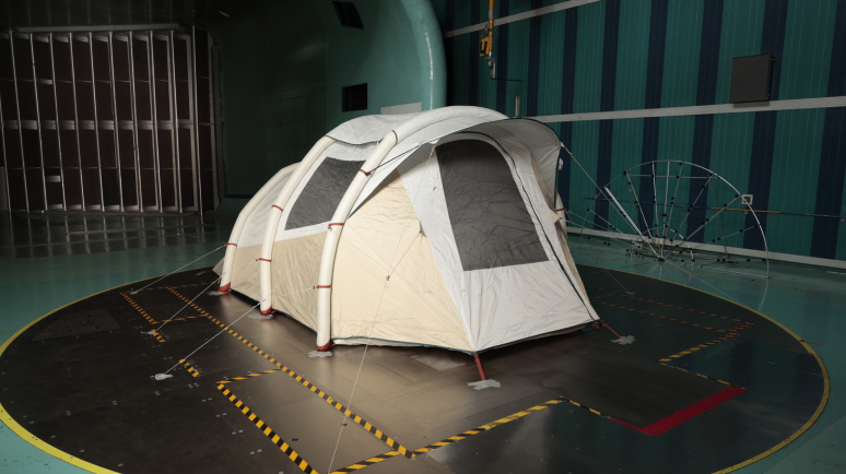 Photo of tent in wind tunnel